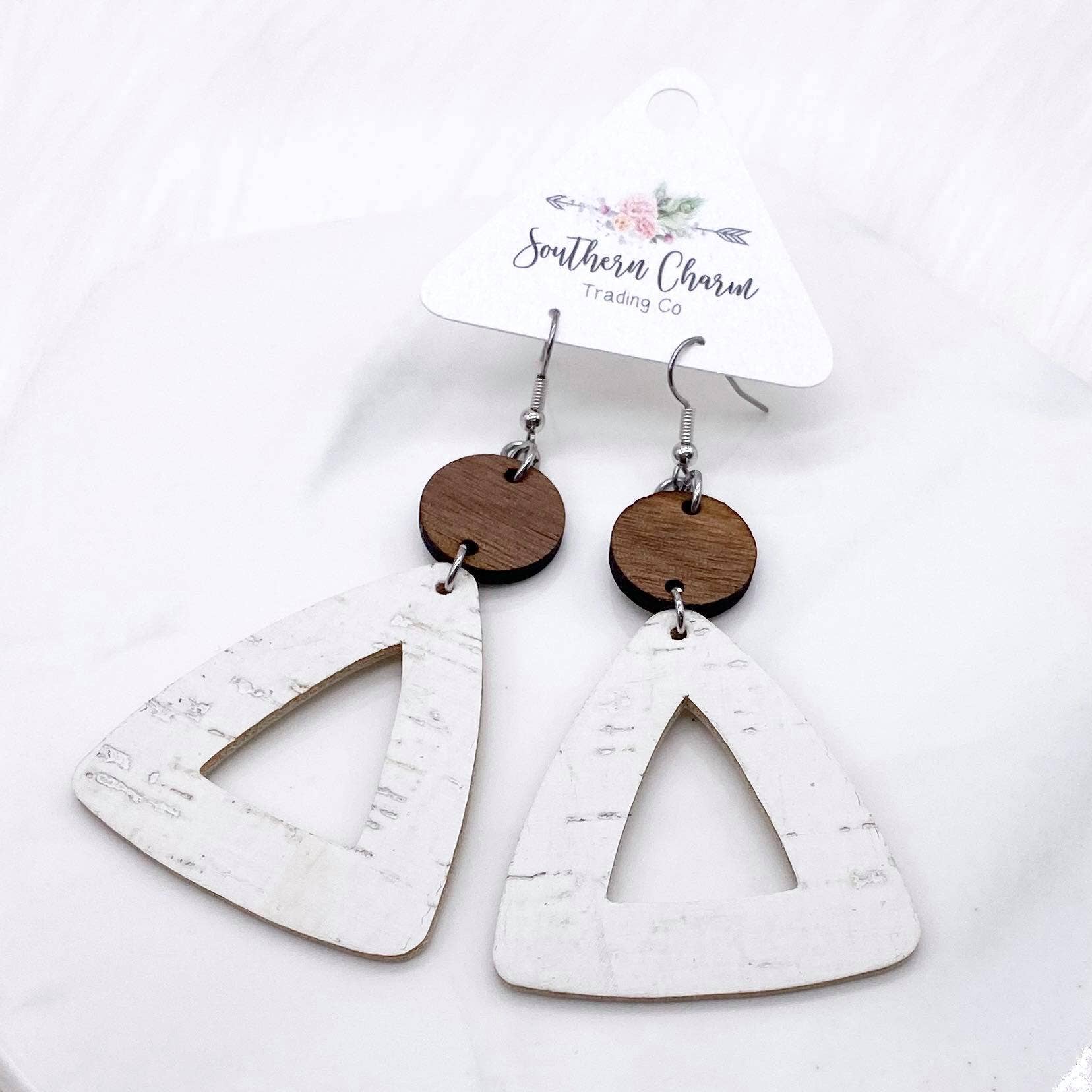 3" Wood & White Linen Triangles (cork) -Earrings Doohickie