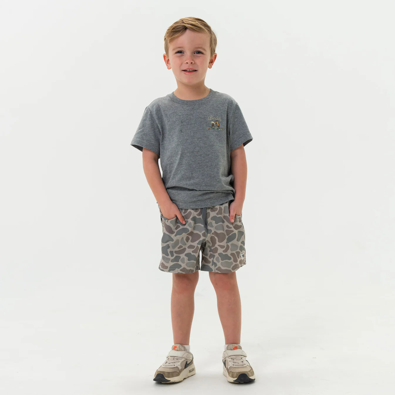 Classic Deer Camo Youth Athletic Shorts with Grey pocket and Waistband