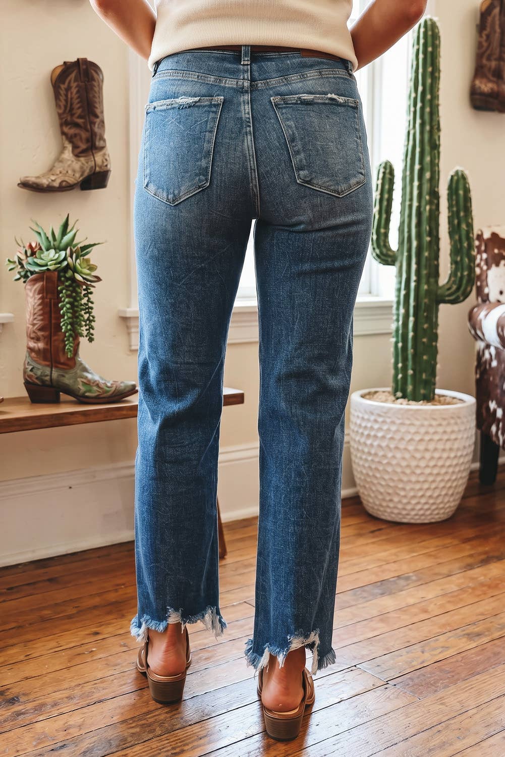 LDC Western High Waist Frayed Hem Flare Jeans: Ashleigh Blue / 6