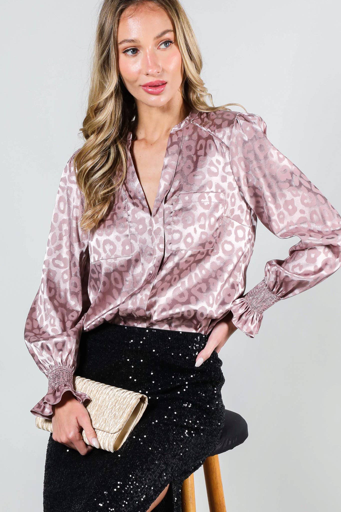 Black V-Neck Animal Jacquard Printed Satin Blouse VL