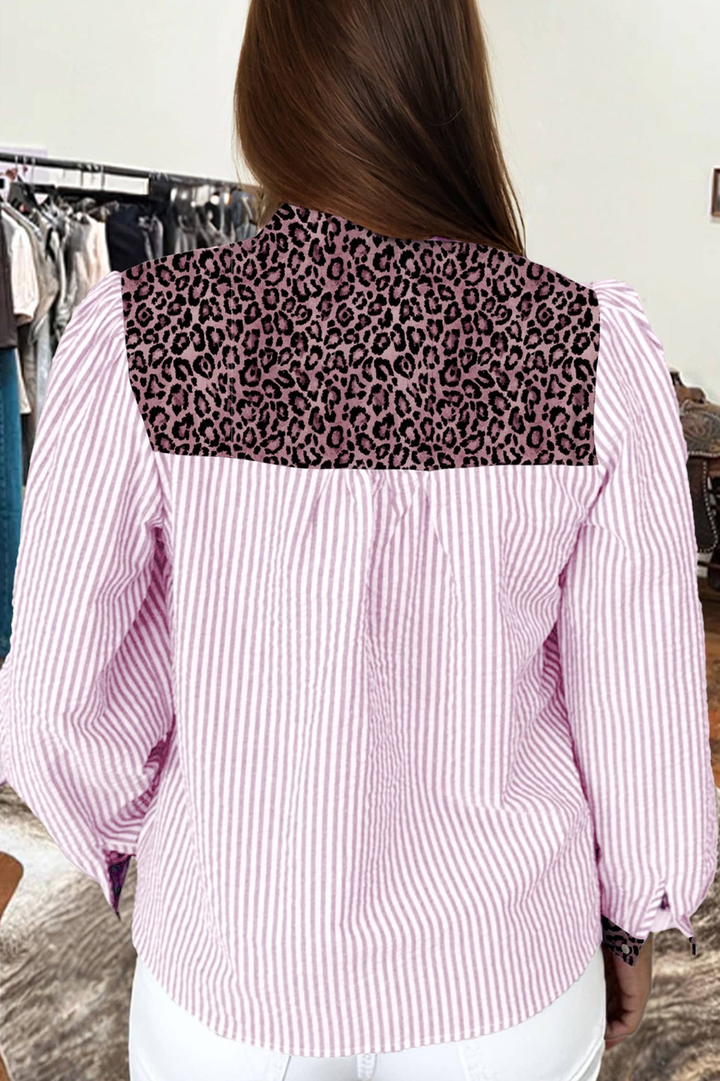 Western Stripe Leopard Patchwork Long Sleeve Shirt: Brown Stripe fashionw