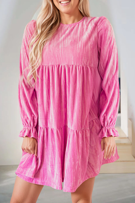 Pink Flounce Sleeve Tiered Ruffled Velvet Mini Dress 66