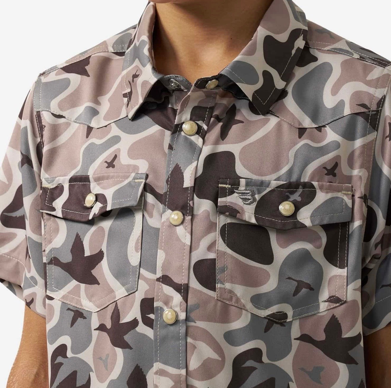 Mallard Mayhem Camo Youth Burlebo Performance Western Shirt With Pearl Snaps Tx/ Fl Y- PES-MMAYC
