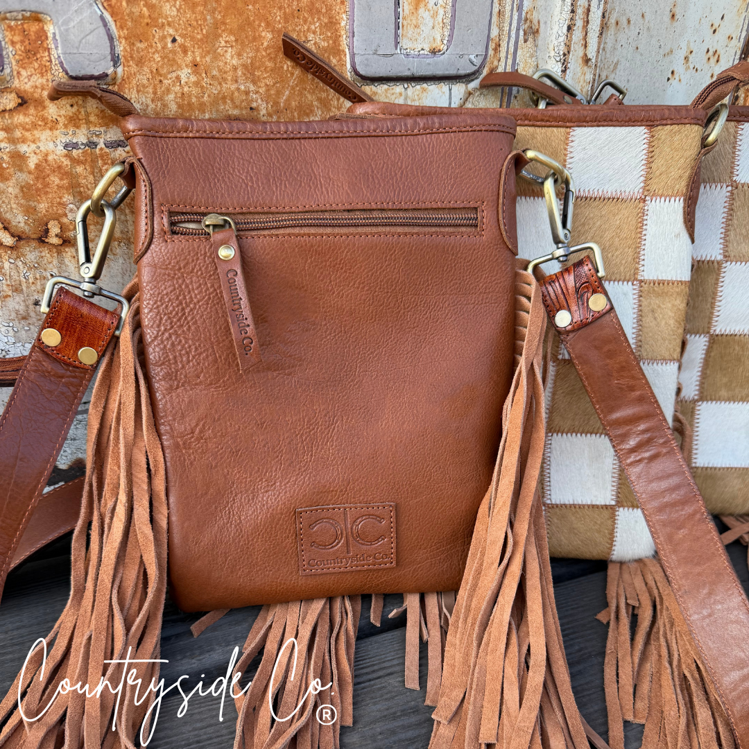 Stockdale Checkered Cowhide Fringe Purse, Brown & White Texas Western Cowhide