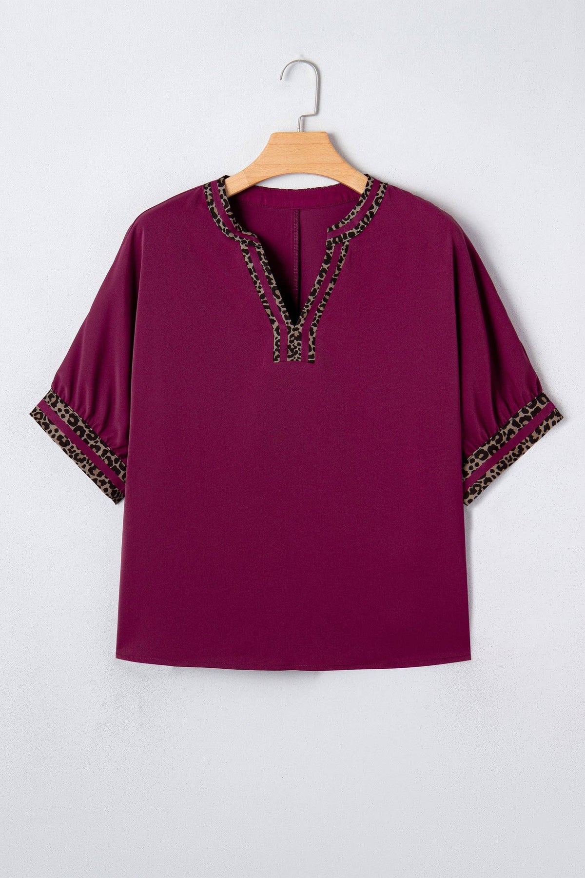 PRETTY BASH Leopard Contrast Trim Short Sleeve Blouse: Red Dahlia / M