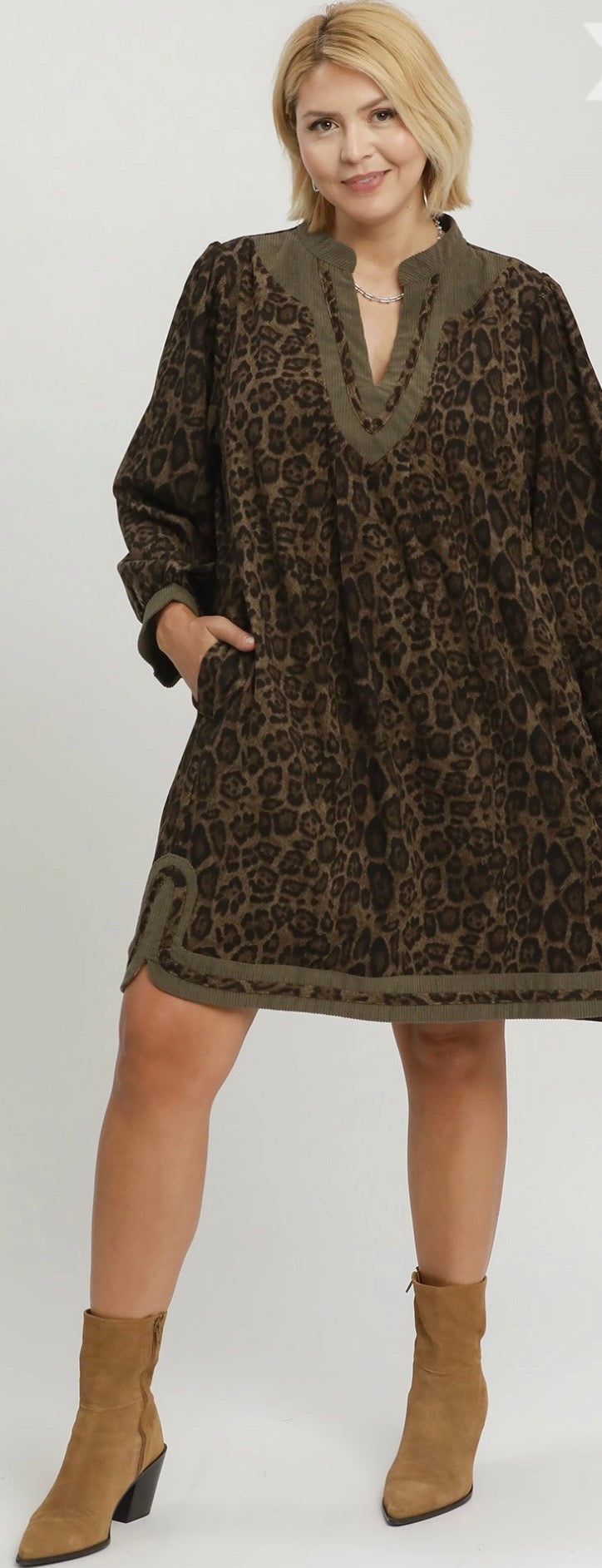 Olive Leopard Print Puff Sleeve Tunic Dress Umgee