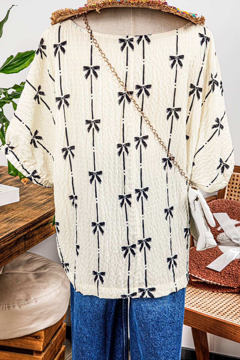 Fashion-W Bow Print Puff Short Sleeve Top