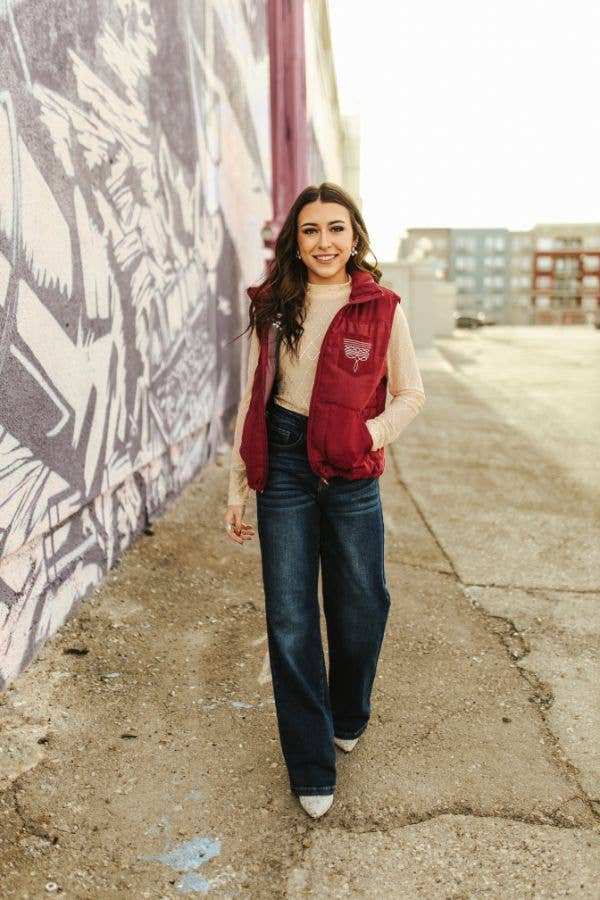 Wine Puffer W Aztec Lining Boot Stitch Detail Vest: L