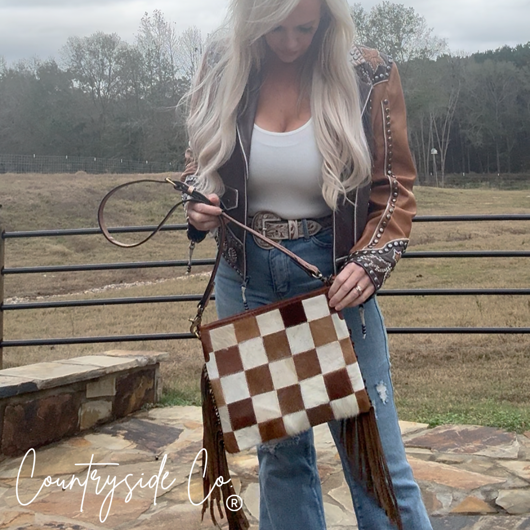 Longhorn Trail Cowhide Checkered Purse Texas Western Cowhide
