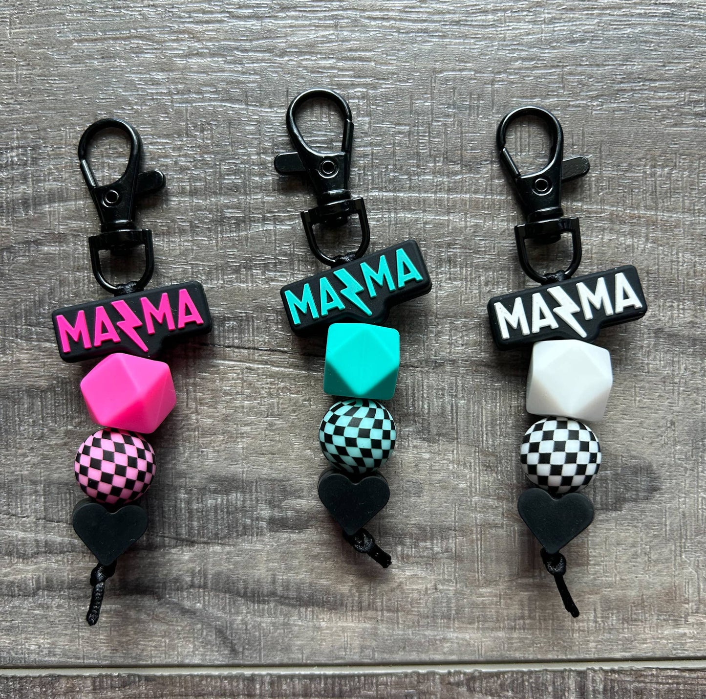 Lightening Bolt MAMA Silicone Beaded Keychain Purse Charm: JInk Tx/ Fl