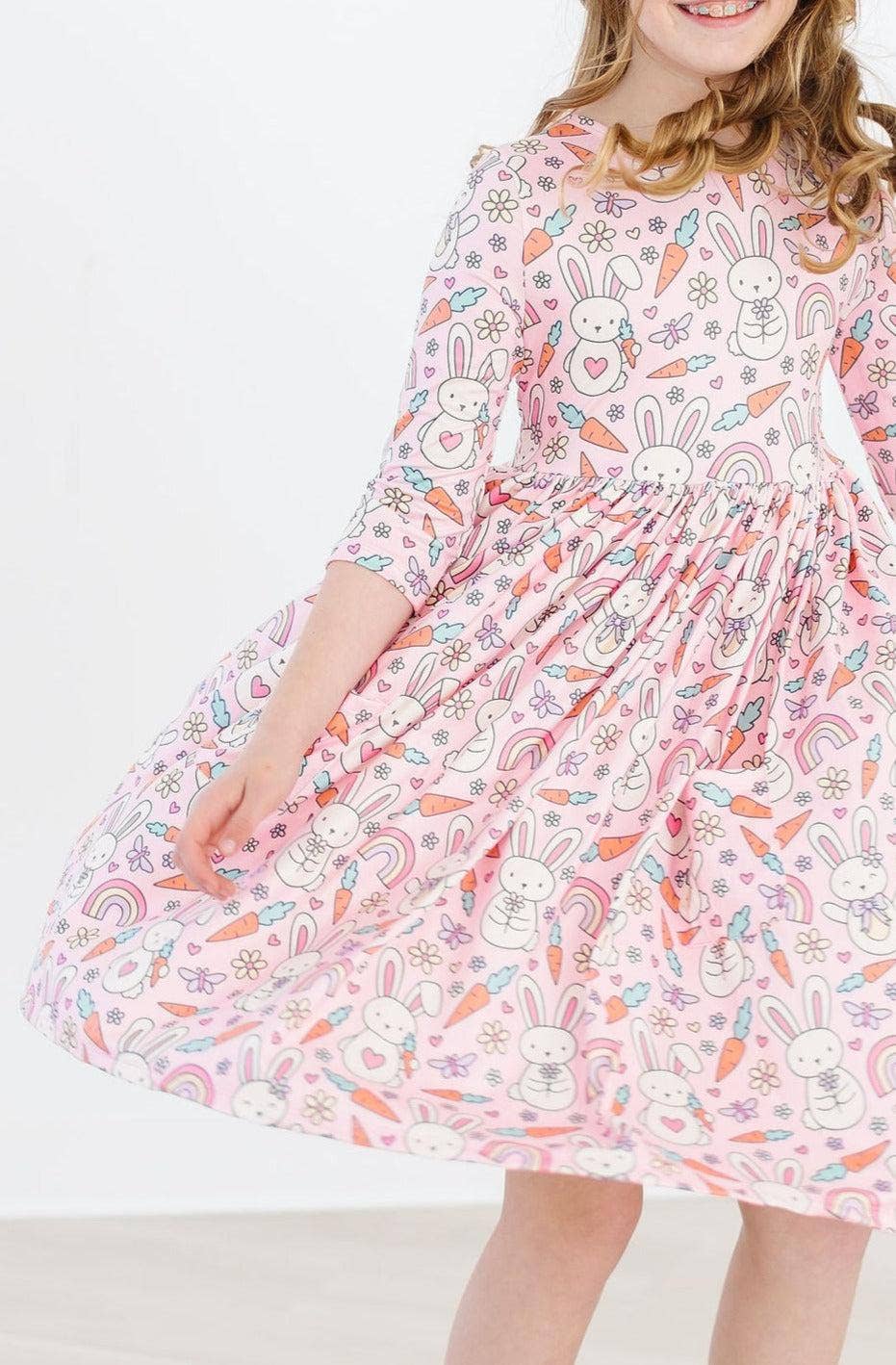 Springtime Bunnies 3/4 Sleeve Pocket Twirl Dress: Mila Tx/Fl
