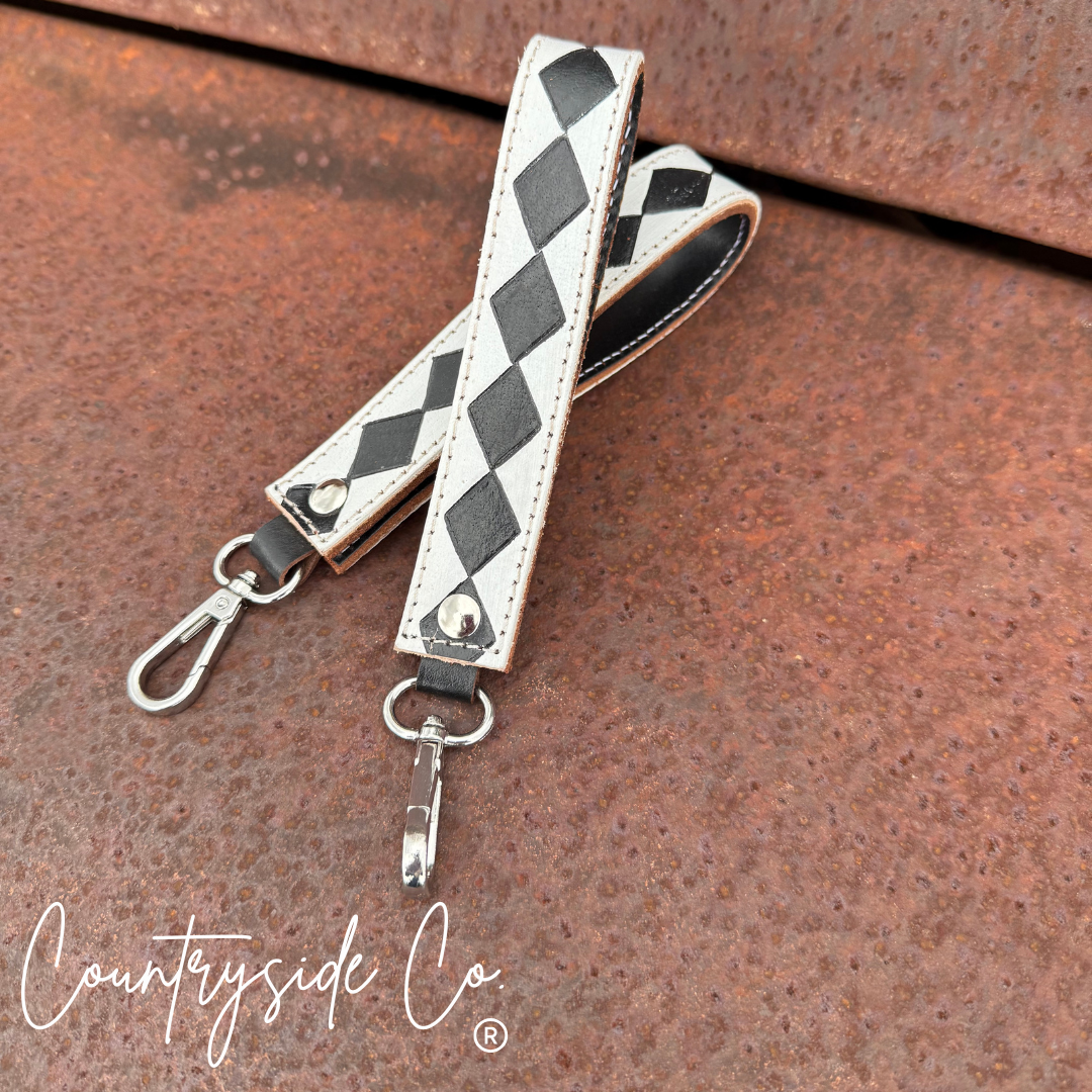 Checkered Leather Keychain Wristlet Black/ White or Turquoise Texas Western Cowhide