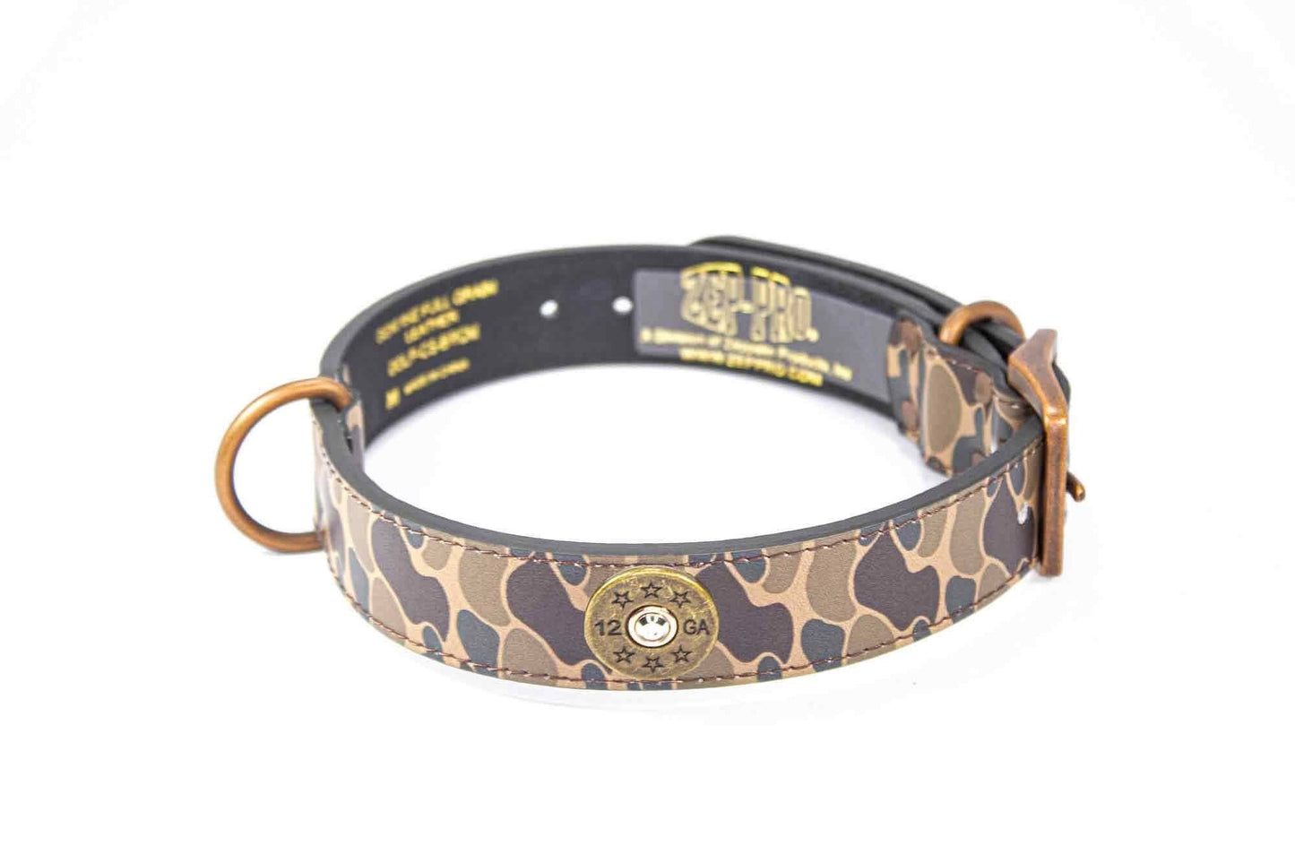 Shotshell Hunting Old School Camo Leather Zep Dog Collar: X-Large 23"-27"