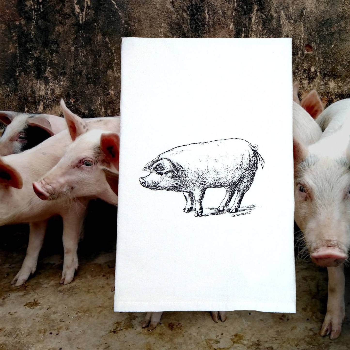 Pig Dish Towel | Tea Towels | Flour Sack Kitchen Towels: Black Green Bee
