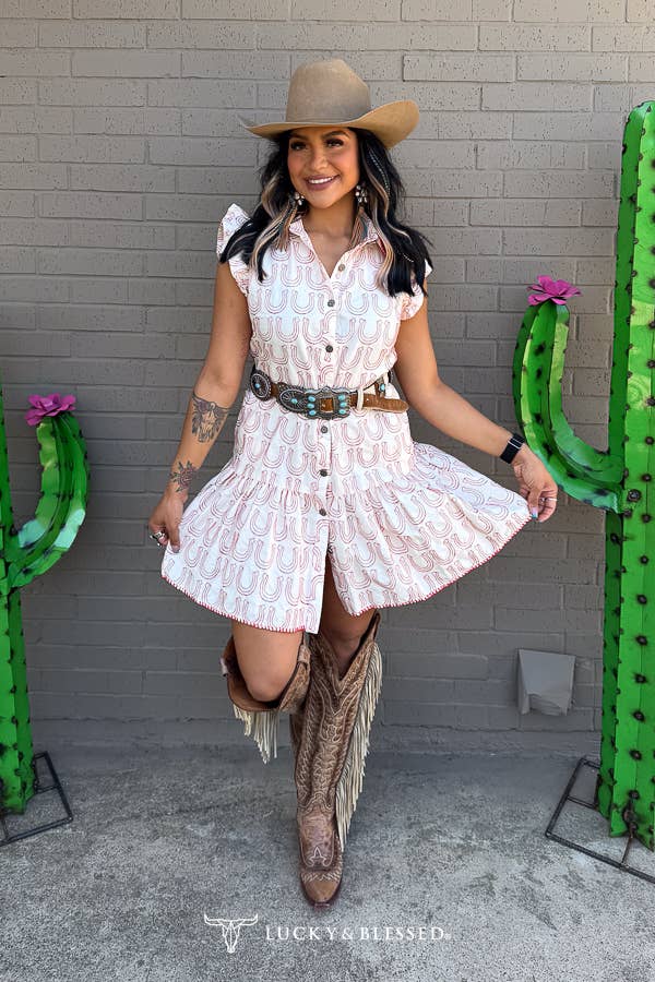 Ivory Embroidered Yoke Ruffle Sleeve Hem Button Down Dress: L