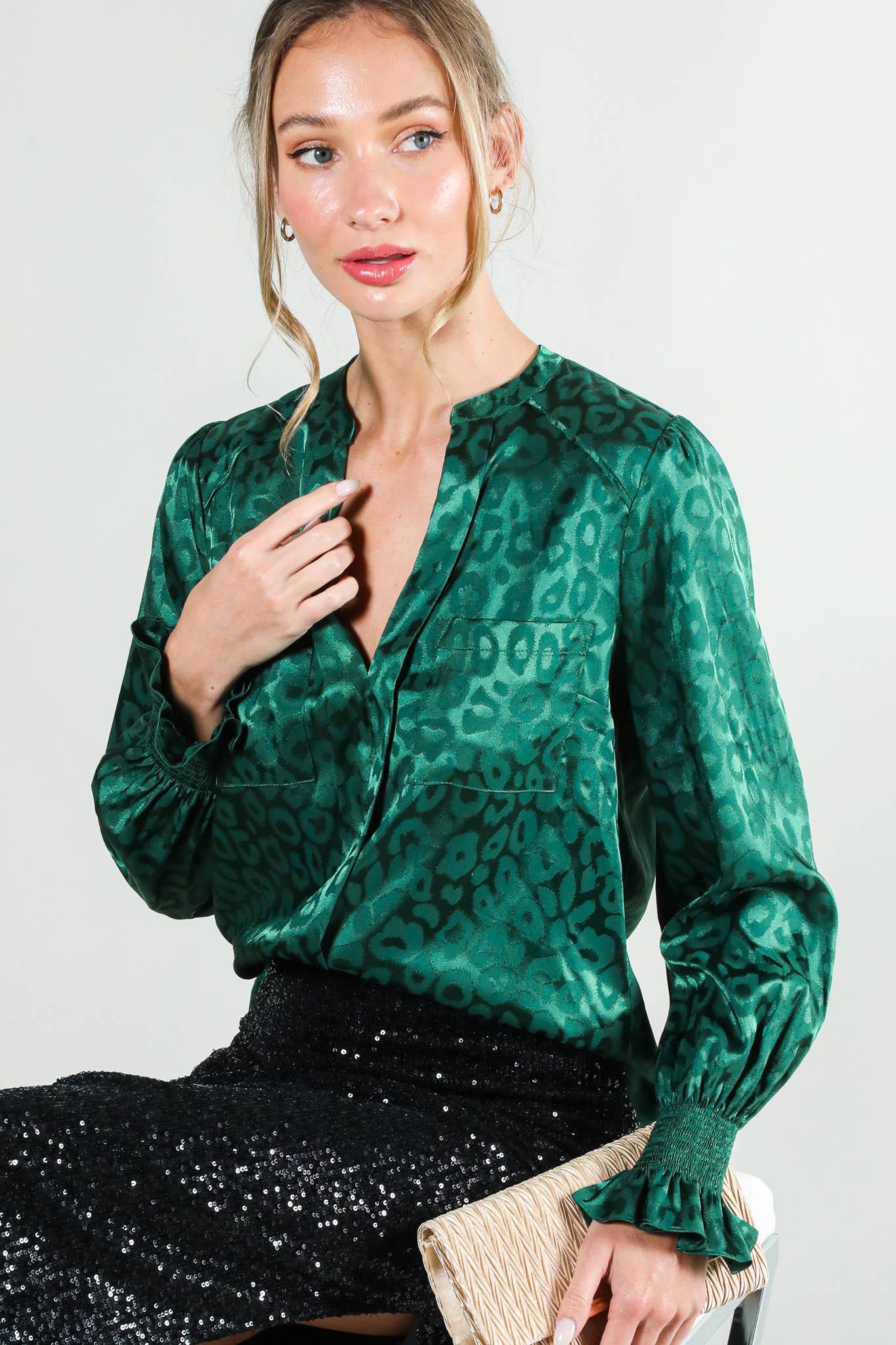 Black V-Neck Animal Jacquard Printed Satin Blouse VL