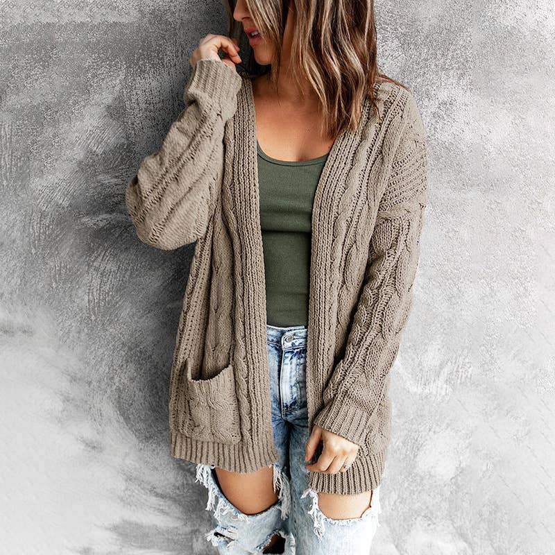 SOLID COLOR TWIST KNIT CARDIGAN COAT: KHAKI Lily Clothing