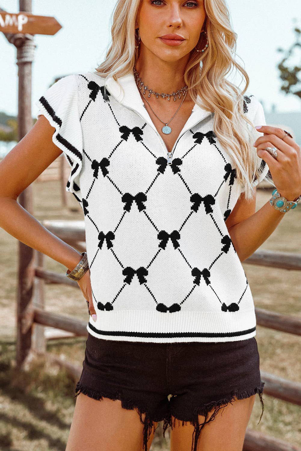 Fashion-W Preppy Vibes Bow Print Zipped Collar Sweater Tee: White with Black Bows Fashionw