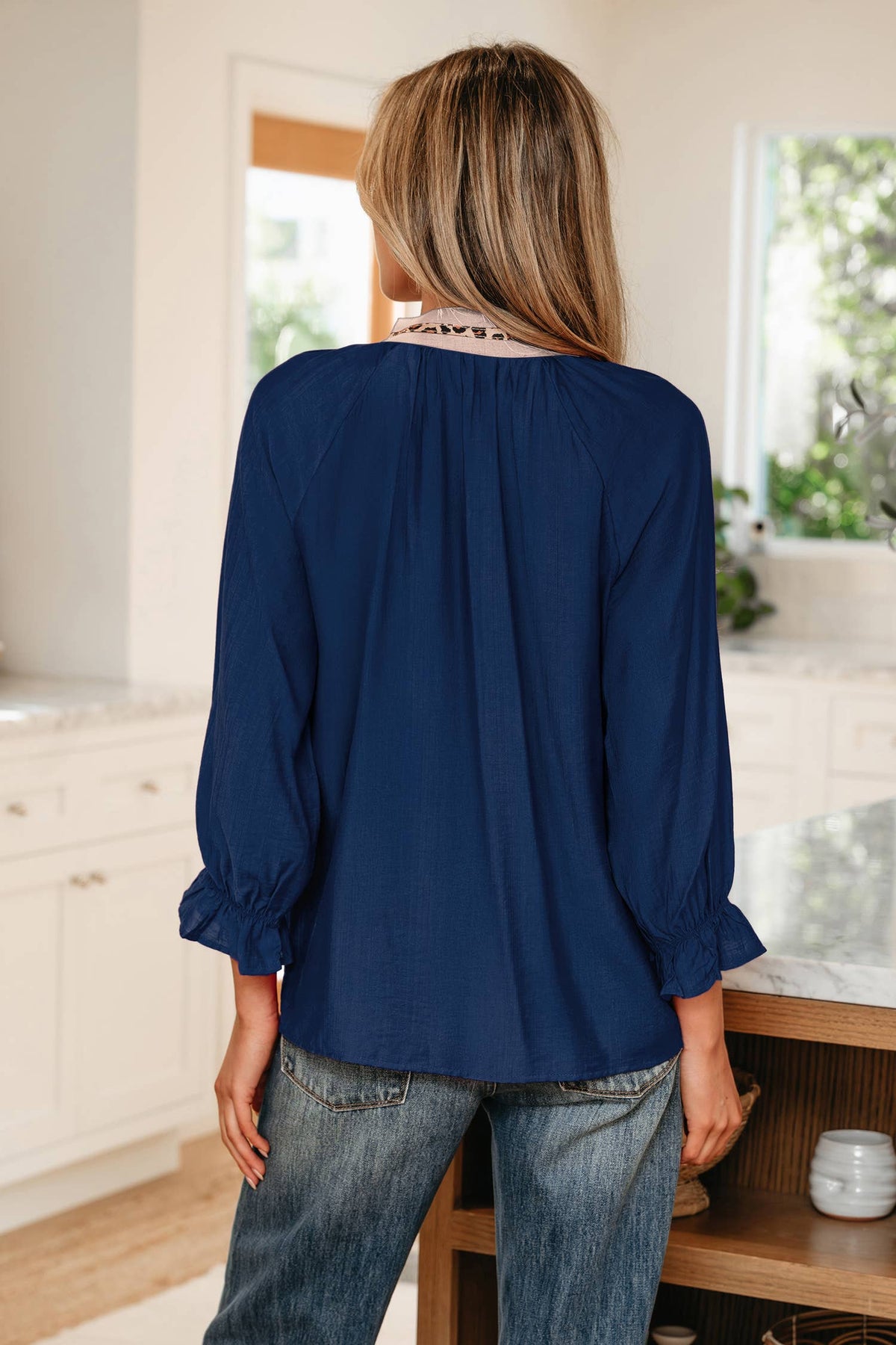 Leopard Trim Flounced  3/4 Sleeve V-Neck Blouse: Violet / M