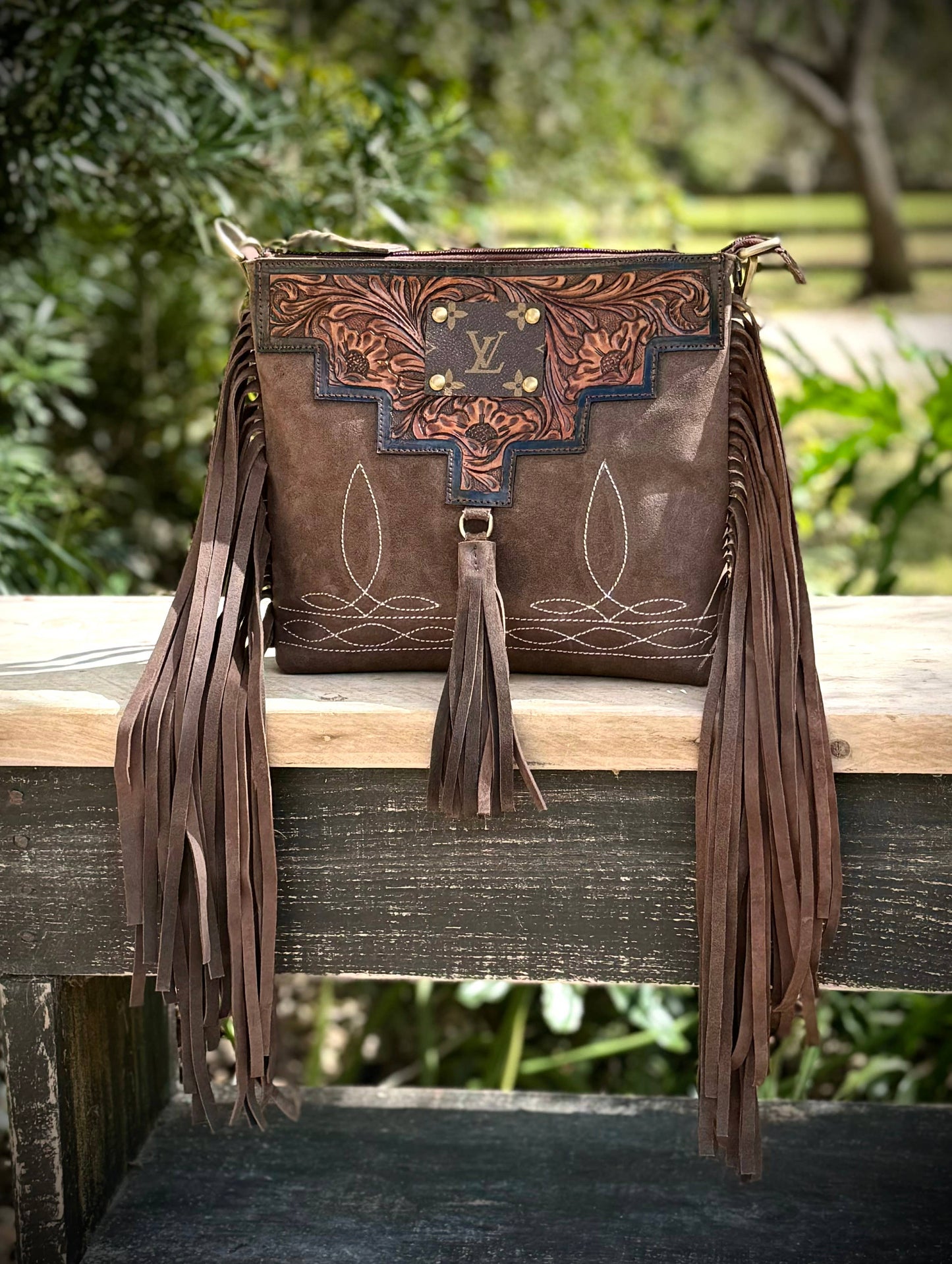 Upcycled LV Leather Suede Boot Stitch Fringe Crossbody Bag Southern Junkie