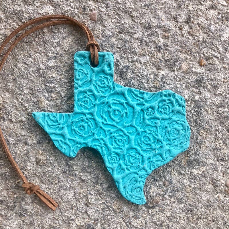 Leather Texas Shape Rose Stamped Vehicle Air Freshie Turquoise / Strawberry Leather scent :Callahan