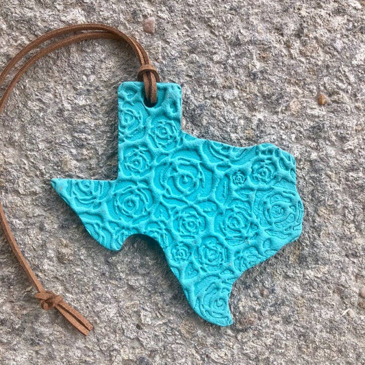 Leather Texas Shape Rose Stamped Vehicle Air Freshie Turquoise / Strawberry Leather scent :Callahan