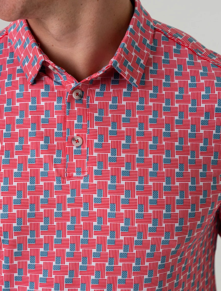 American Flag Print Performance Polo Burlebo