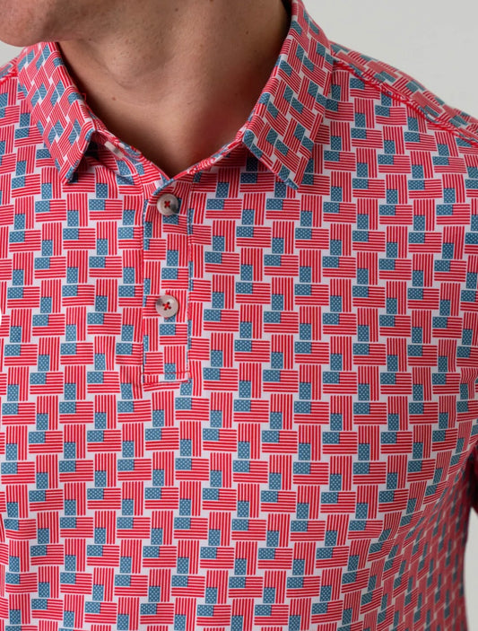 American Flag Print Performance Polo Burlebo
