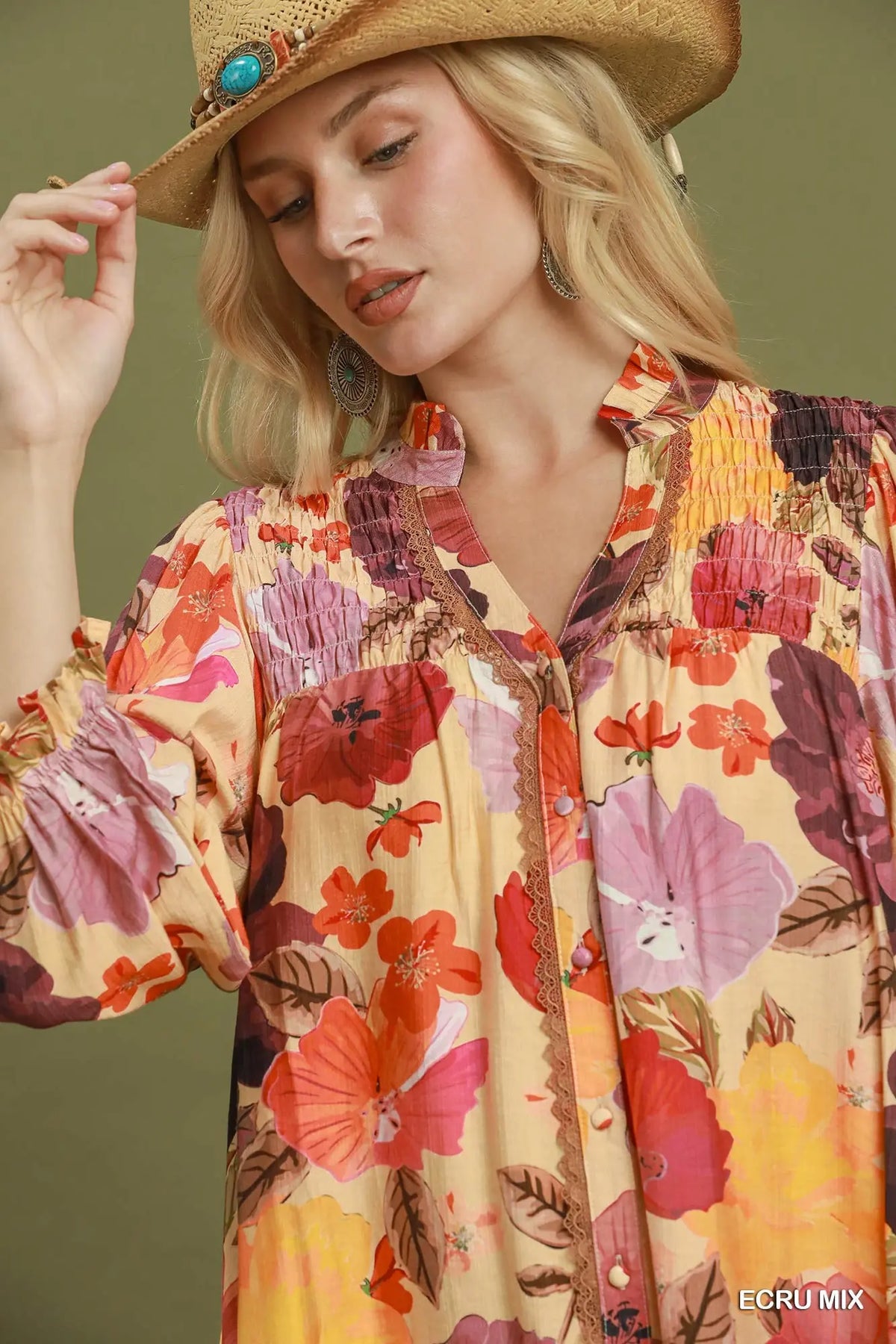 The Rachel Floral Smocked Yoke Button Front Mini Dress Umgee