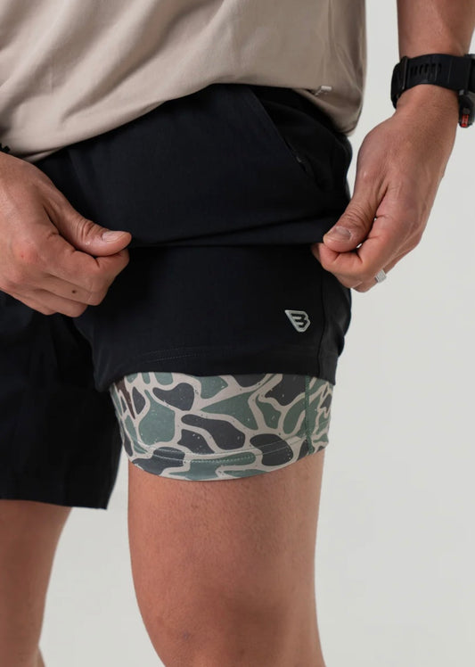 Heather Black Athletic Shorts with Retro Duck Camo Liner Burlebo