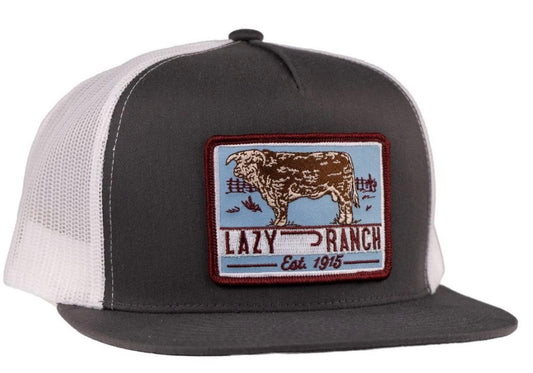 LAZY J RANCH GREY WHITE BULL TRAP PATCH CLASSIC FIVE PANEL TRUCKER HAT