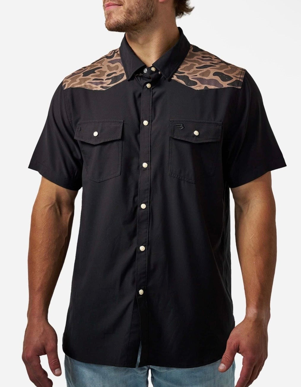 Deer SZN Burlebo Black/Gauge Camo Performance Western Shirt with Pearl Snaps Tx/Fl PWS-DRSZN