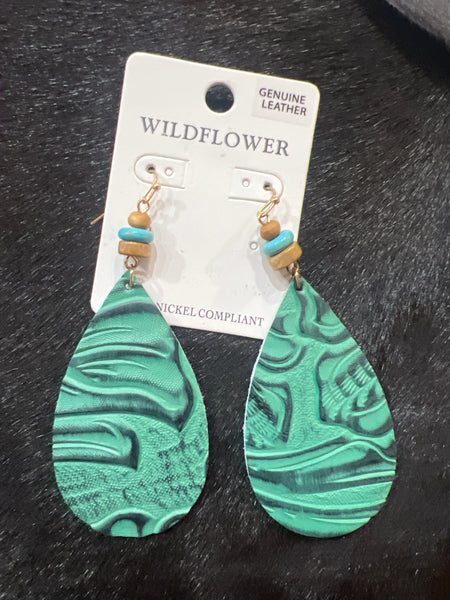 Tooled Leather Beaded Earrings Wildflower