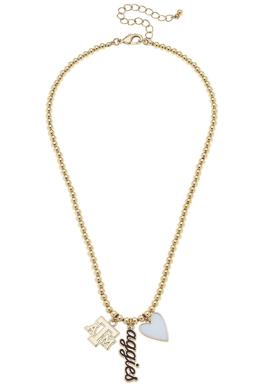 Texas A&M Aggies Ball Bead Charm Necklace in Shiny Gold Canvas