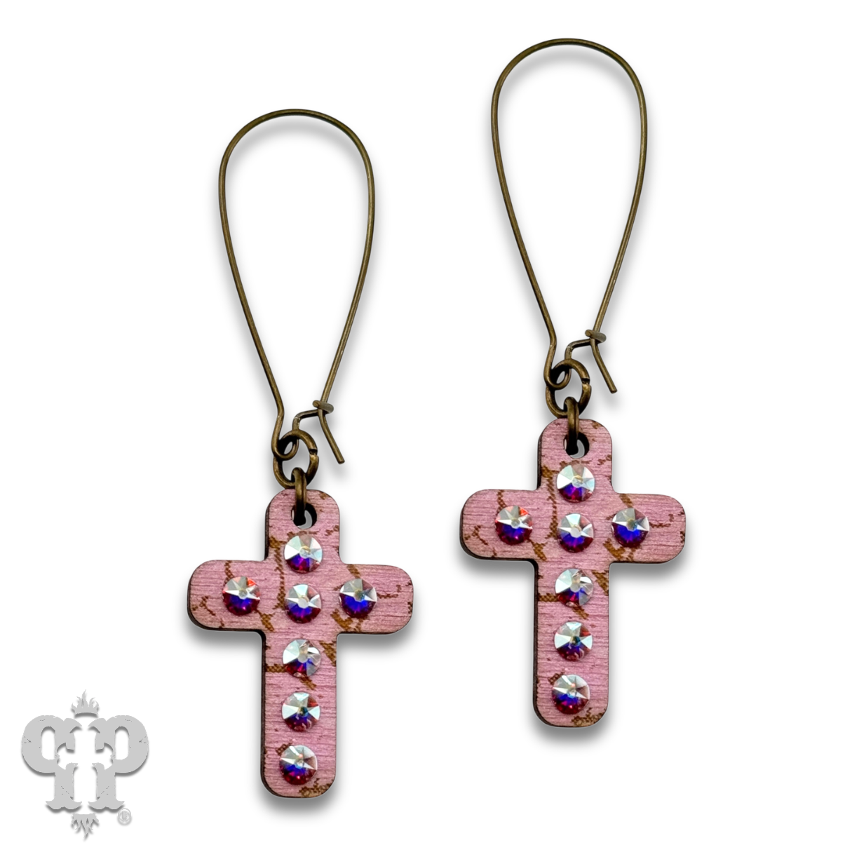 Mini wood cross earring with Austrian crystals: White