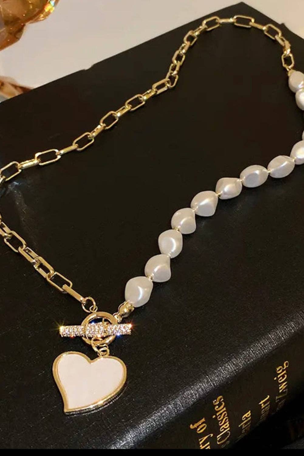 Heart Pendant Rhinestone Pearl Necklace  Liam & Company
