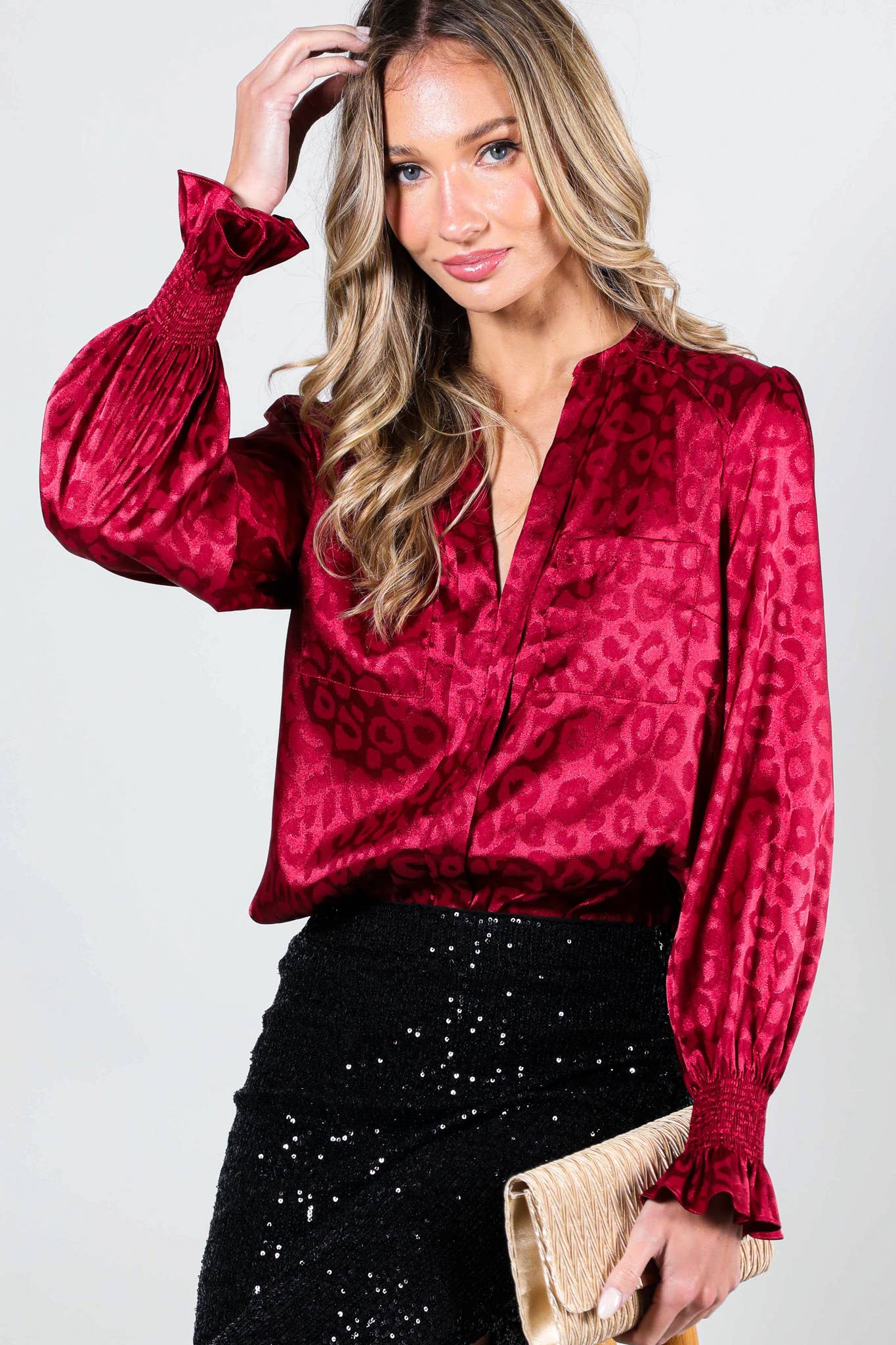 Black V-Neck Animal Jacquard Printed Satin Blouse VL