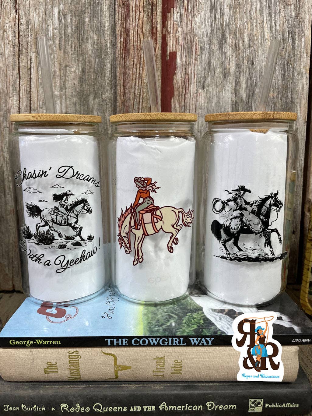 Cowboy / Cowgirl/ Chasin Dreams Glass Cup 16 oz Ropes