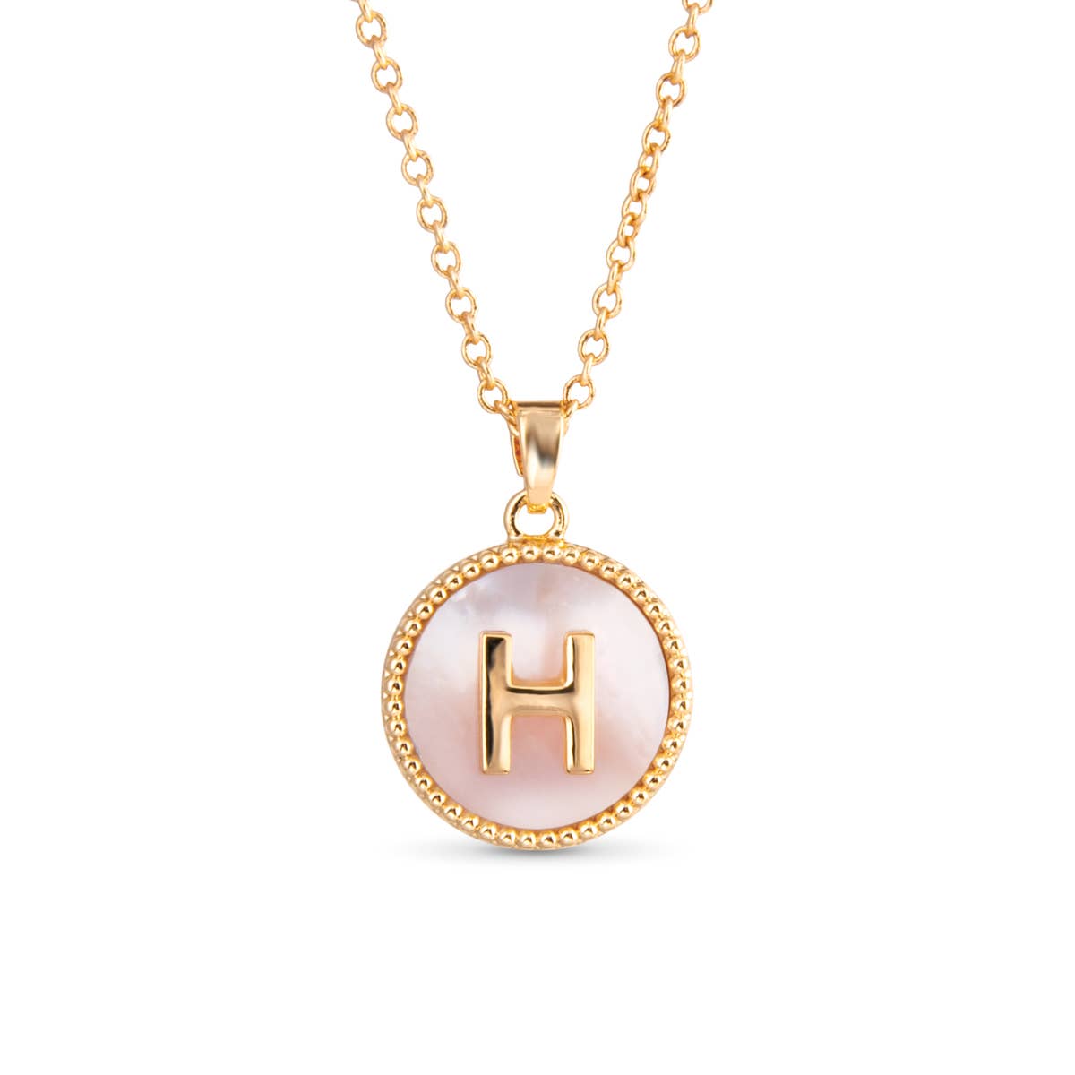 Gold Mother of Pearl Initial Necklaces | 18 Letters: M