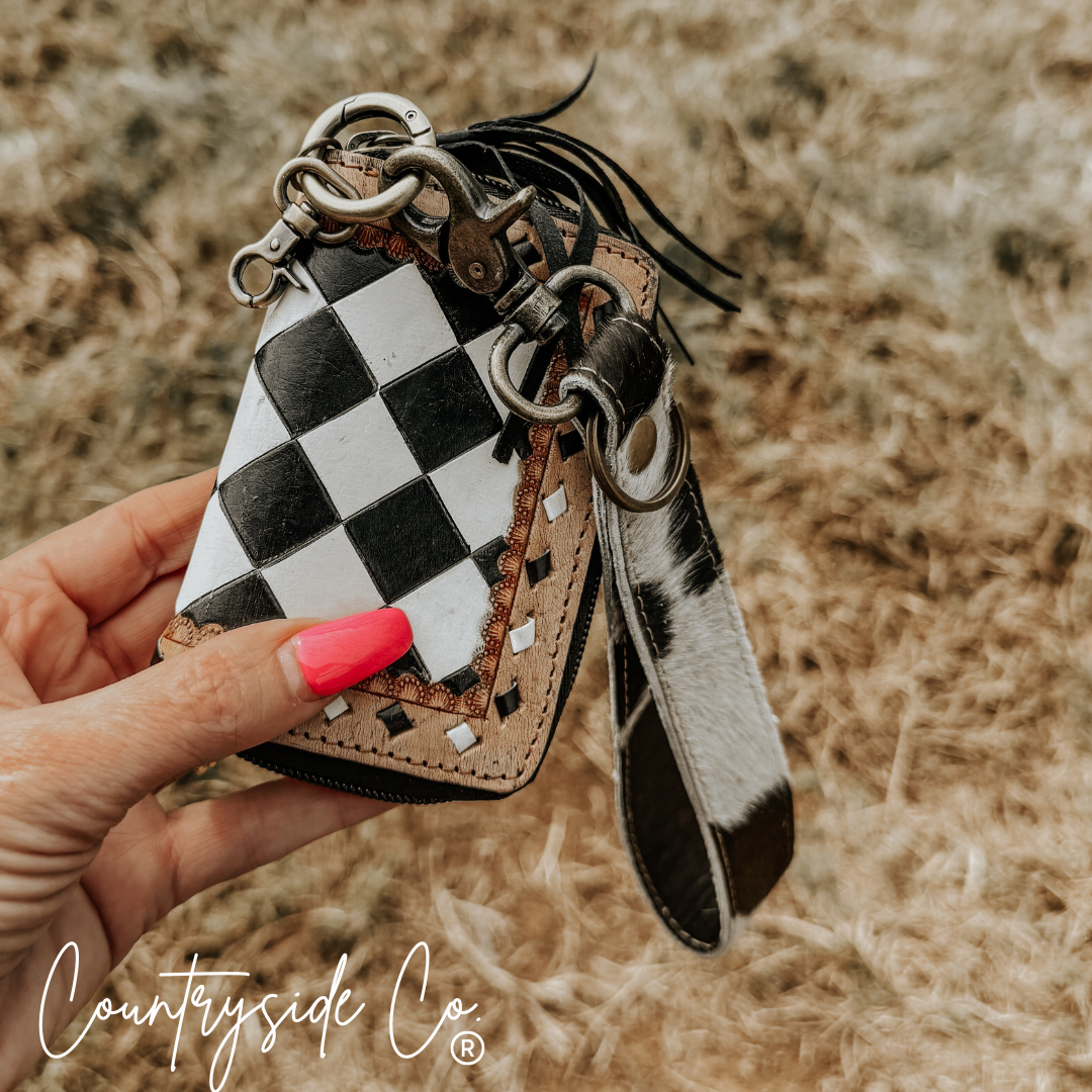 The Sidekick Checkered Mini Wallet Keychain Texas Western Cowhide