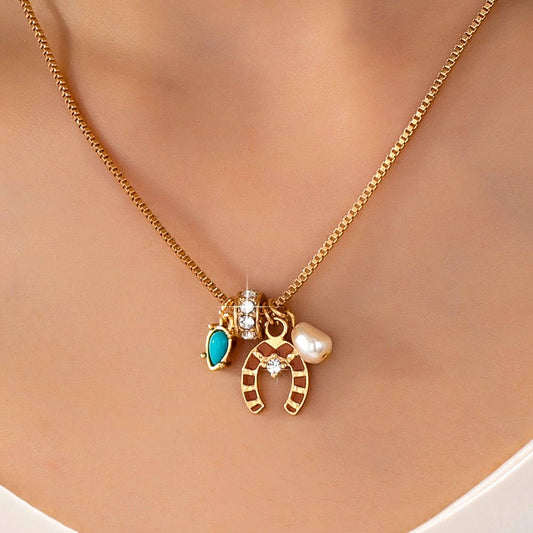 Southwest Horseshoe & Turquoise Charm Necklace | Gold