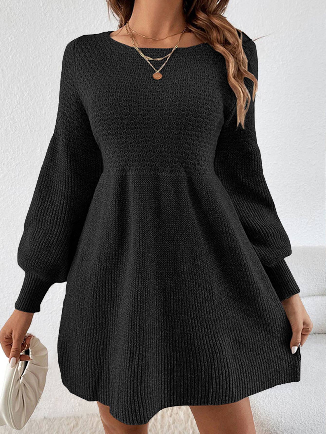 Lantern sleeve high-waisted knitted dress: BLACK Lily