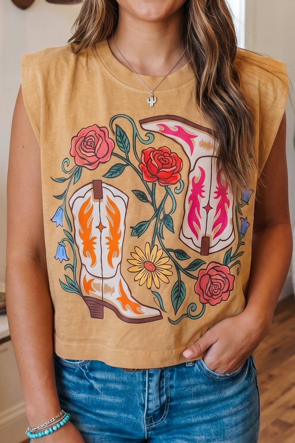 LDC Western Floral Print Sleeveless Round Neck Fit Top: Camel / XL