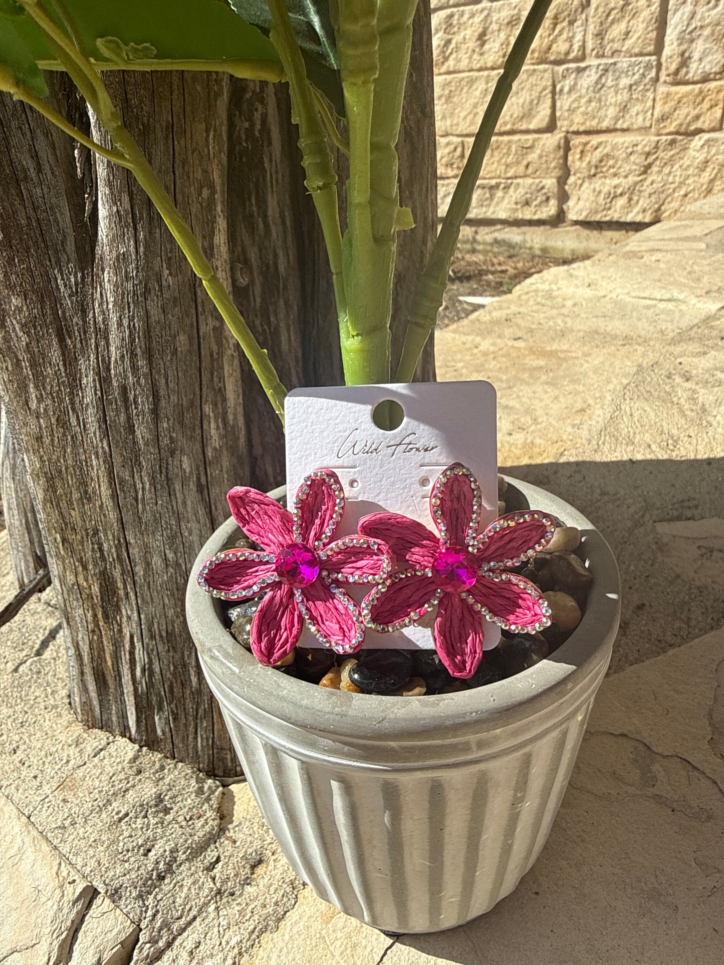 Wild Flower Rattan Earrings with Stone Center