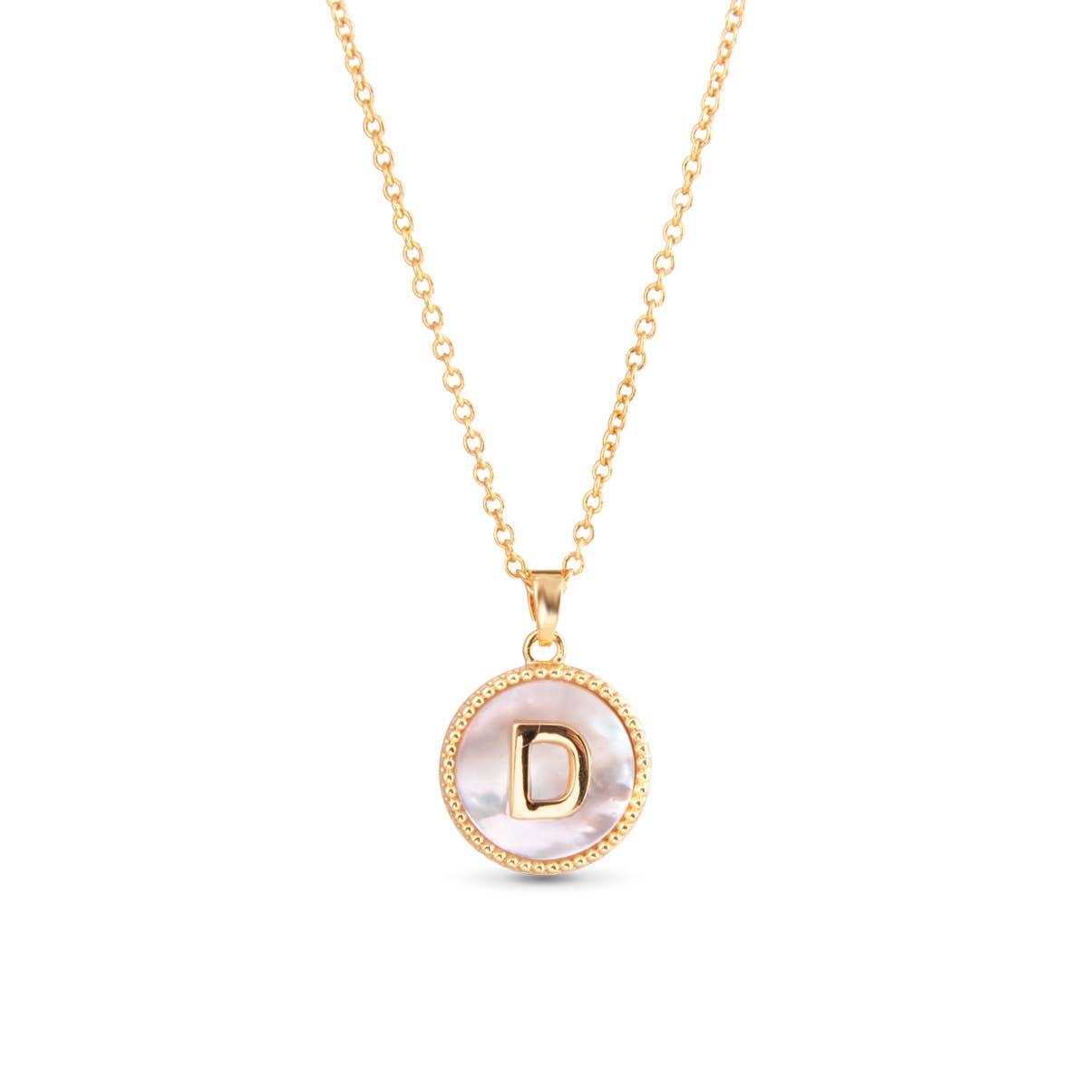 Gold Mother of Pearl Initial Necklaces | 18 Letters: M