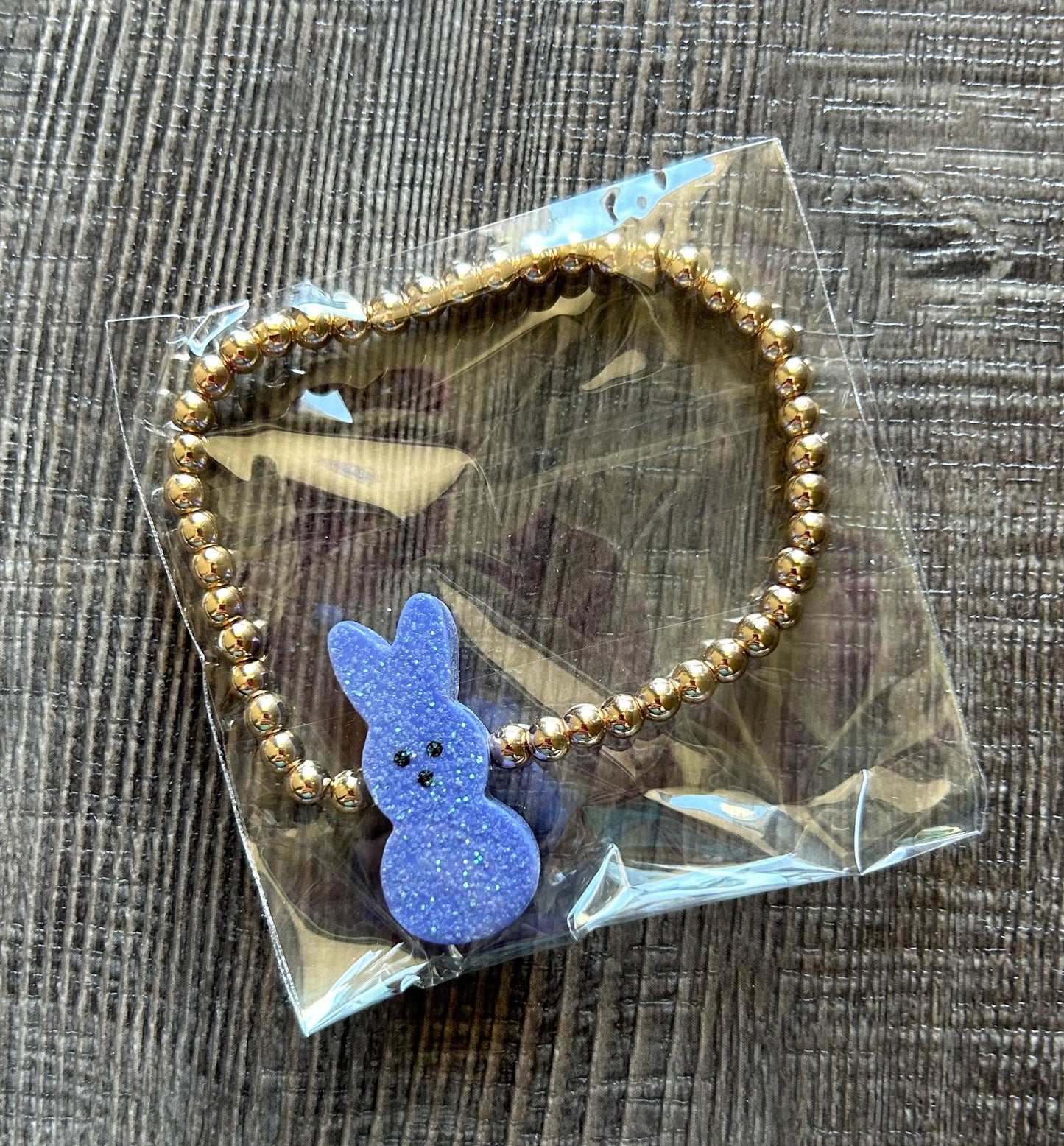 Easter Gold Bead Bracelet with Bunny Accent Bead: JInk Fl/ Tx