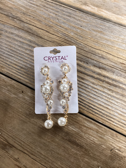 Crystal avenue Gold pearl dangle earrings