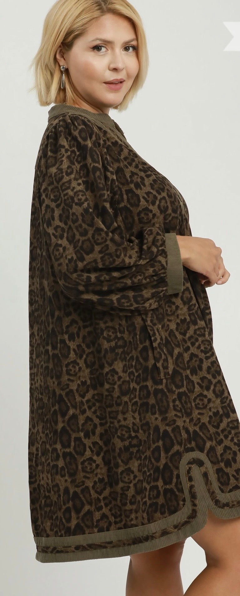 Olive Leopard Print Puff Sleeve Tunic Dress Umgee