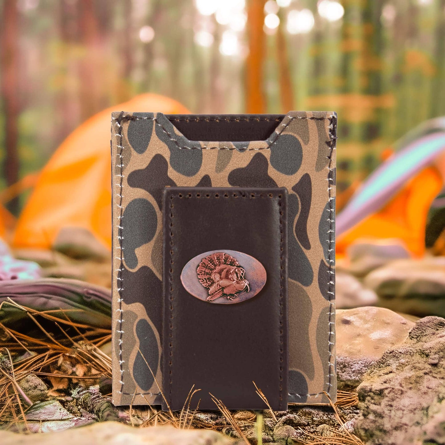 Turkey Men's  Zep Magnetic Front Pocket Old School Camo Leather Wallet.
