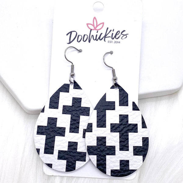 Black & White Cross Teardrops -Earrings: 1.5" Doohickie